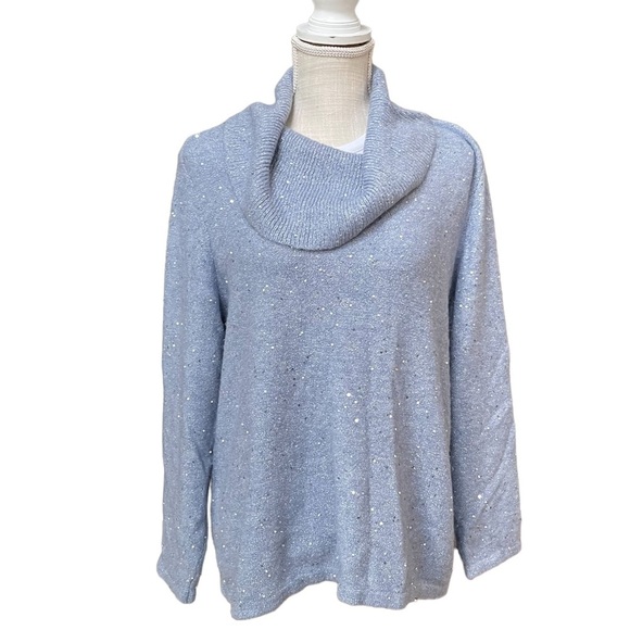 Chico's Cozi Soft Blue Sequin Shine Cowl Neck Pullover Sweater Size: 3 (L) - Picture 1 of 11